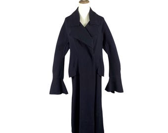 Vintage Yohji Yamamoto Femme Sculptural Wool Long Coat | Avant-Garde Black Maxi Trench with Bell Sleeves | Made in Japan | Size S