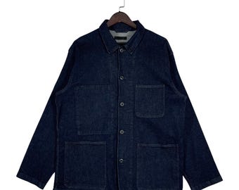Japan Market Denim Chore Coat Utility Jacket • Indigo Blue Raw Denim Style • Japanese Minimalist Workwear Overshirt • Mens Size L
