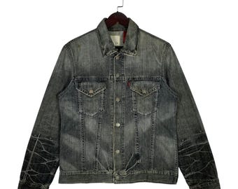 Vintage Levi Strauss Jeansjacke Redloop Jeansjacke Faded Grey Wash mit Wabenärmeln Vintage 2000s Japanischer Stil Jeansjacke Gr. M