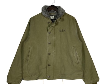 Vintage USN N-1 Deck Jacket Style Liner Coat by Houston Inc. • Japanese Military Reproduction Canvas Fur Lined Bomber Jacket • Size 3