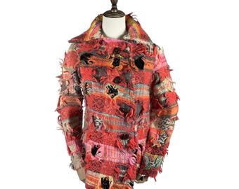 Archive Ayaka Otsuka 2006 A/W Distressed Woven Tapestry Coat | Avant-Garde Japanese Fashion | Deconstructed Boho Wool Jacket | Small/Medium