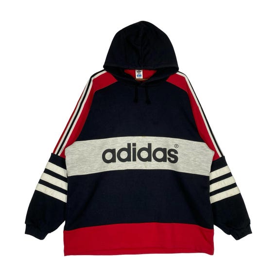 Adidas, Vintage 90s Adidas Trefoil Big Logo Hoodie Japan Exclusive Black Red Grey Size XL | Retro 1990s Adidas Made in Japan Descente Streetwear