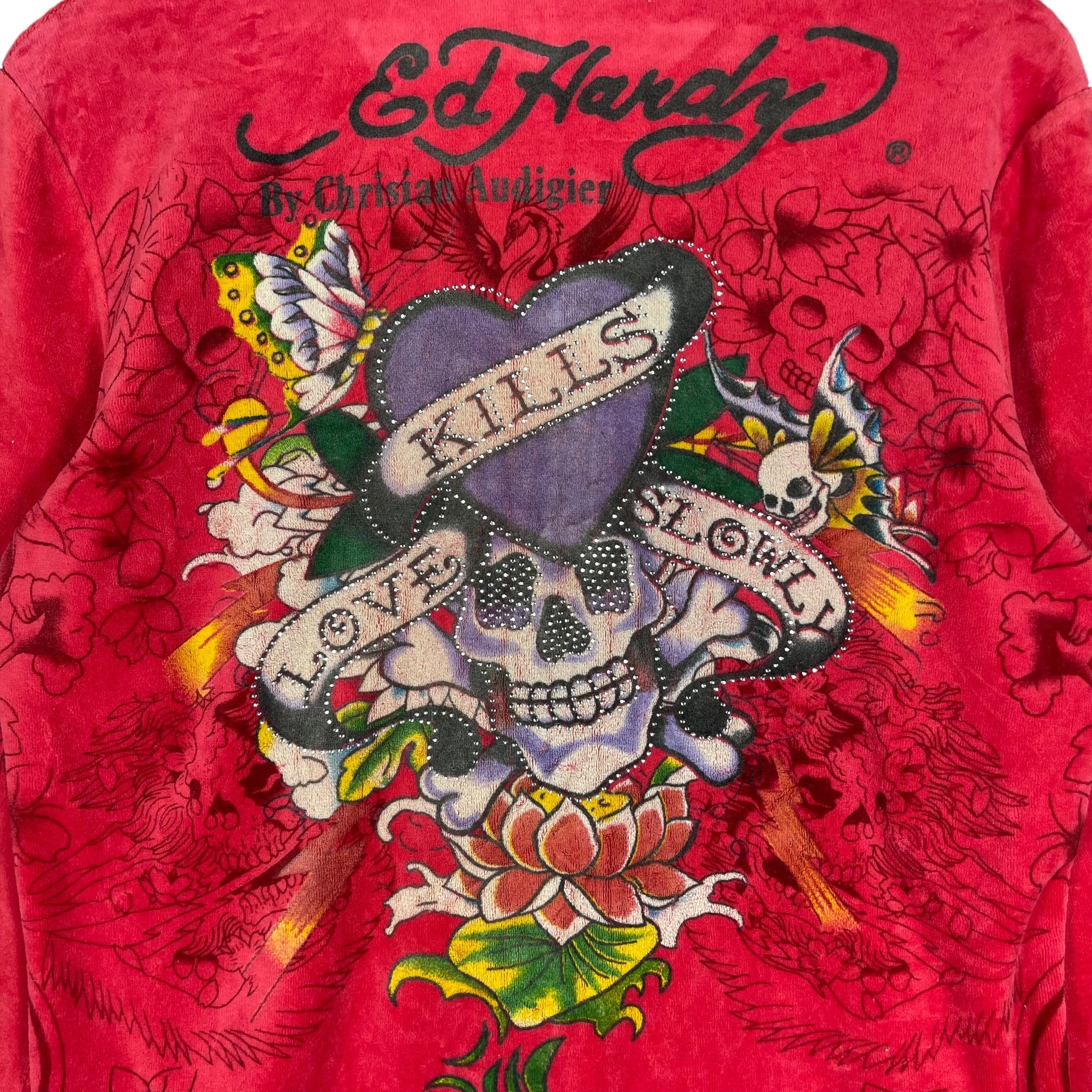 Vintage Ed Hardy Velour Hoodie Red - Love Kills Slowly Rhinestone