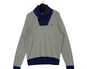 Bluza vintage Polo Ralph Lauren z kołnierzem szalowym, duża, szara, granatowa, z logo kucyka, w stylu lat 90. XX wieku, rozmiar L