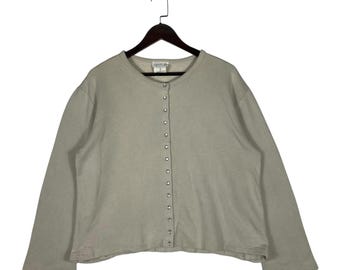 Vintage Agnes B Cardigan – Beige Pearl Snap Button Jumper, Made in Japan