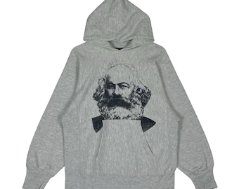 Vintage 80s Champion Reverse Weave Hoodie x Deadman Karl Marx Custom – Made in USA – Size Medium – Grey Heather Punk Streetwear