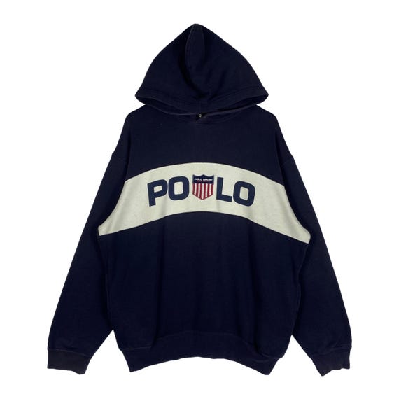 Polo Sport, Vintage 1990s Polo Sport Ralph Lauren Hoodie Sweatshirt Oversized Navy Blue Big Logo Shield Spellout Pullover Size Large