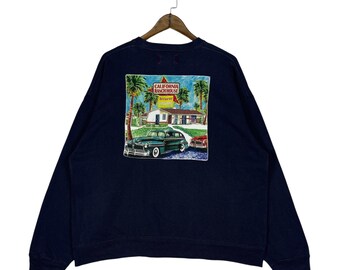 Sudadera de cuello redondo estilo rancho californiano vintage, color azul marino / estampado retro americano de coche clásico grande en la espalda, talla M.