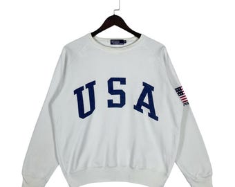 Vintage 90s Polo Ralph Lauren USA Flag Sweatshirt - White Crewneck - Size Medium - Retro Athleisure - Made in Japan Tag