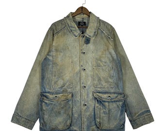 Vintage N.S.T Never Seen Thing Denim Chore Jacket | Distressed Sun-Faded Workwear Coat | Japanese Streetwear Style Utility Jacket | Size L