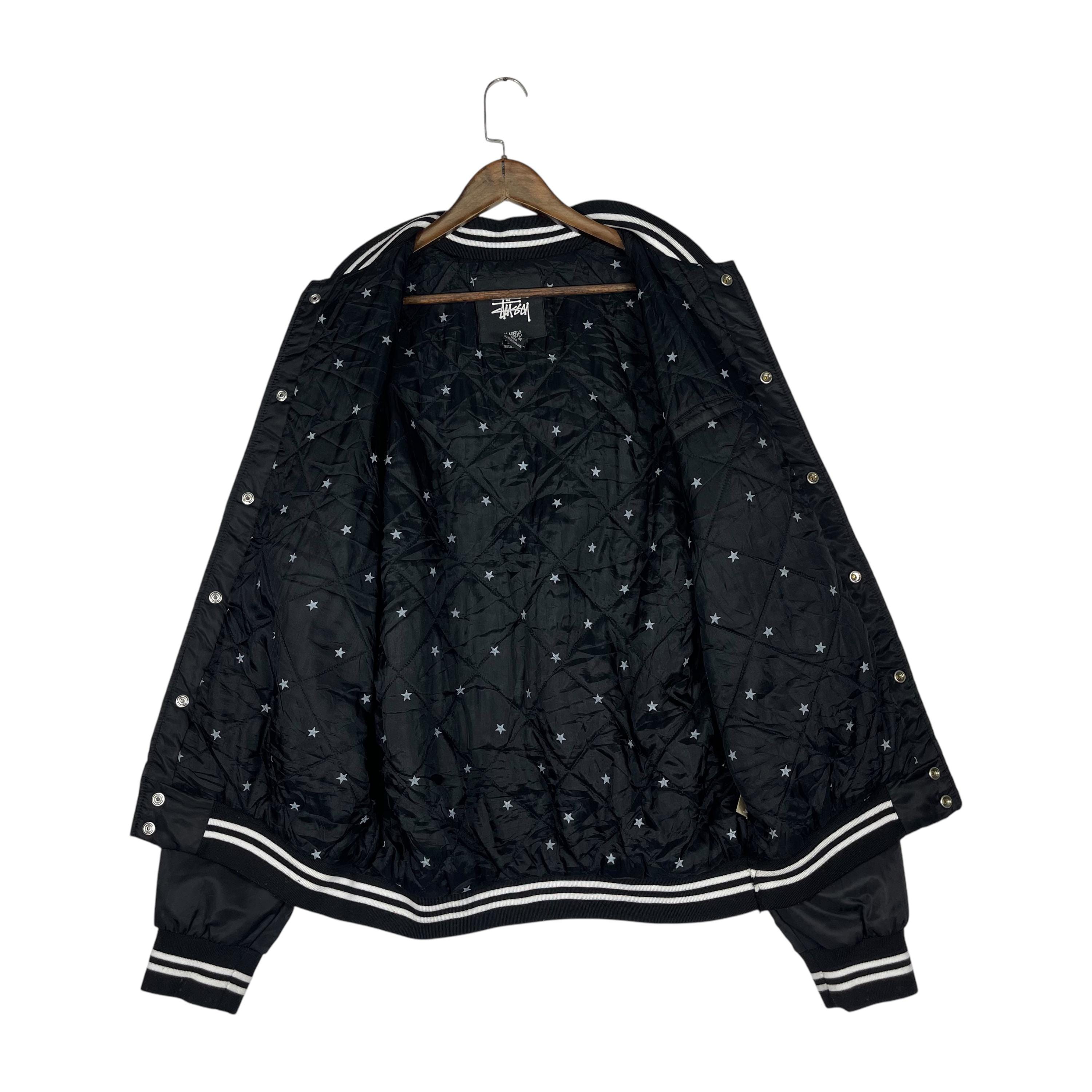 Vintage Stüssy Burly Gear Varsity Jacket Black Satin Bomber Star