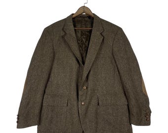 Vintage Farah Herringbone Tweed Blazer with Suede Elbow Patches | Brown Wool Sport Coat | Size 44R | Dark Academia Professor Aesthetic