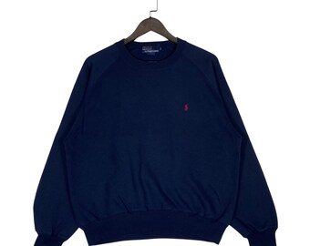 Bluza Polo Ralph Lauren w stylu vintage z lat 90. w kolorze granatowym | Czerwony sweter Pony z okrągłym dekoltem typu raglan | Rozmiar S (dopasowany pudełkowo) | Estetyka streetwearu z lat 90.
