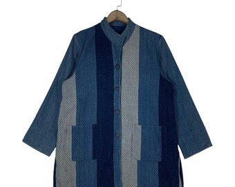 Vintage Japanese Indigo Sashiko Jacket | Handcrafted Patchwork Noragi Coat | Blue Cotton Kantha Style Workwear | Size Medium