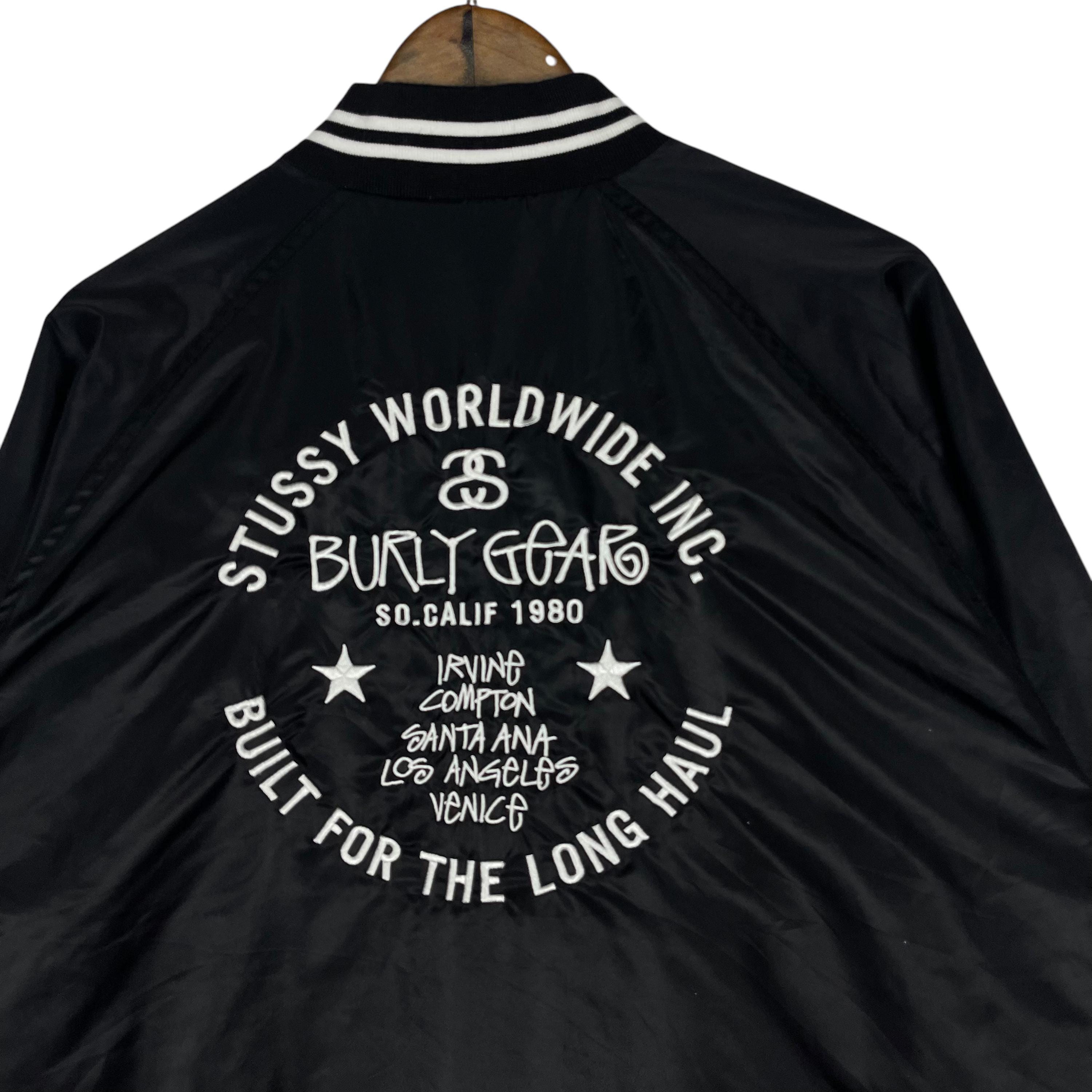Vintage Stüssy Burly Gear Varsity Jacket Black Satin Bomber Star