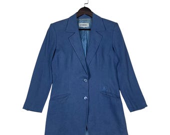 Vintage Iceberg Blue Linen Silk Blazer | Made in Italy | 90s Designer Structured Longline Jacket | Italian Luxury Workwear | Size IT 38