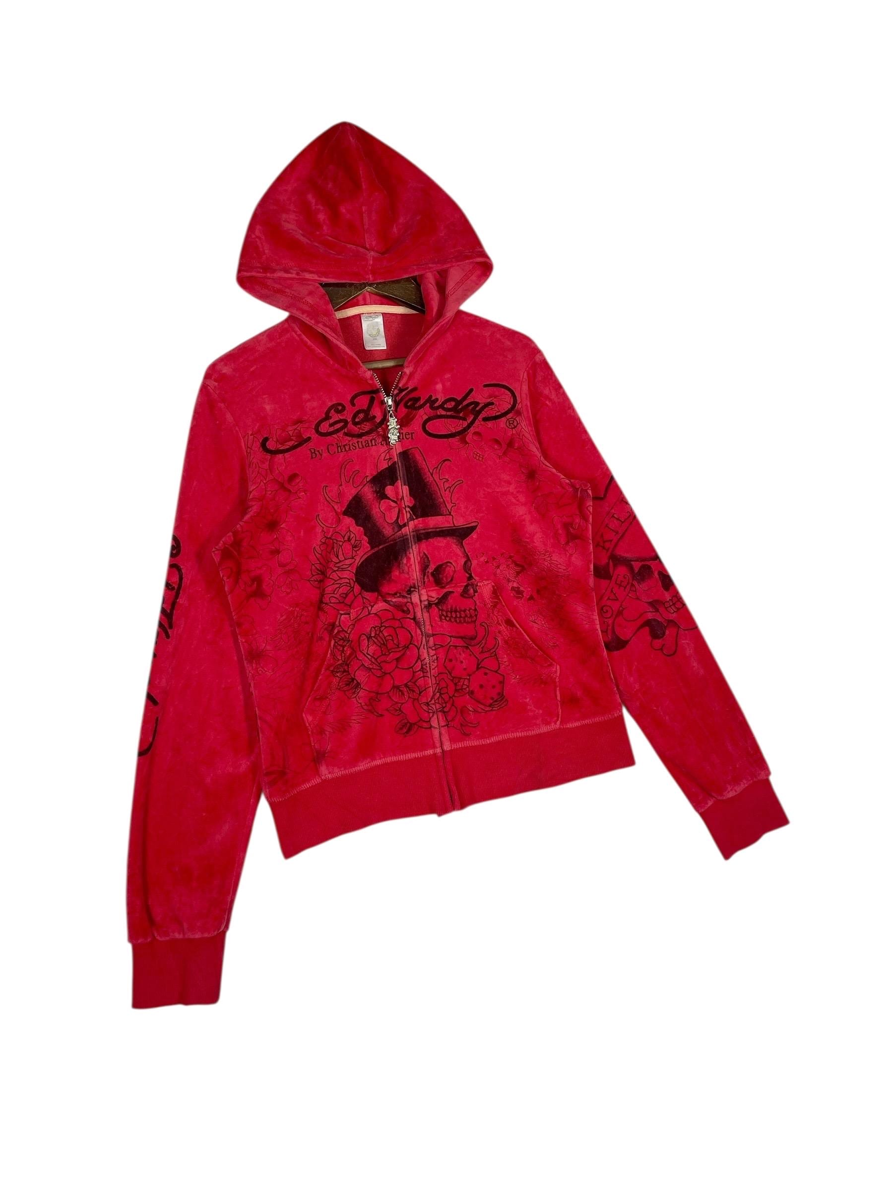 Vintage Ed Hardy Velour Hoodie Red - Love Kills Slowly Rhinestone