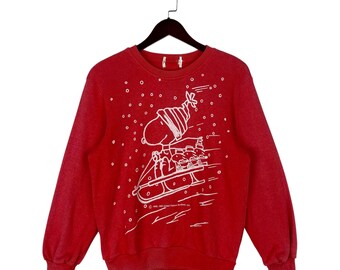 Bluza z nadrukiem Snoopy'ego z lat 90. z motywem czerwonych Peanuts, okrągłym dekoltem i grafiką świąteczną i zimową, rozmiar M