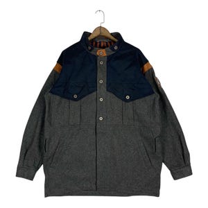 Vintage Sondre Wool Ski Jacket / Gray & Navy Mixed Media Mountaineering Coat / Men's Large XL / 90s Nordic Style Patchwork Barn Coat