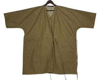 Vintage Sofie D’Hoore Belgium Minimalist Cotton Wrap Jacket Noragi Style Kimono Cardigan Khaki Olive Size 34 Small Architect Fashion Luxury