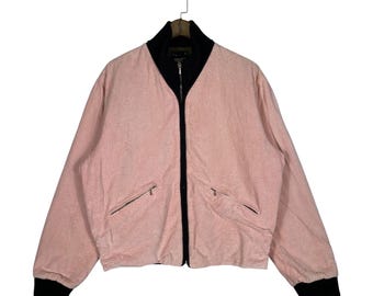 Vintage Agnès b. Paris Corduroy Bomber Jacket | Made in France | Pink Salmon Corduroy Full Zip Harrington | RiRi Zippers | Size 2 (Large)