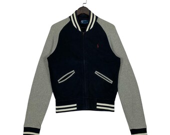 Kurtka vintage Polo Ralph Lauren Varsity z polaru zapinana na zamek błyskawiczny w kolorze granatowo-szarym | Edycja na japońskim rynku | Bluza z bawełny zapinana na zamek Conmar | Rozmiar S
