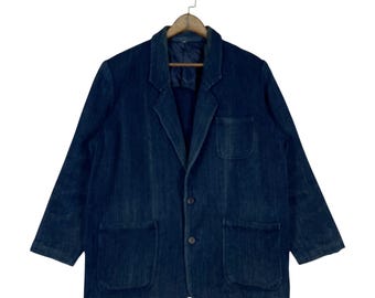 Vintage Japanese Sashiko Indigo Chore Jacket | Kendo-gi Weave Workwear Blazer | Indigo Dyed Cotton Noragi | Large | Made in Japan