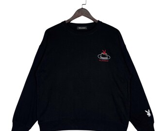 Bluza Vintage Playboy Pudding w kolorze czarnym z okrągłym dekoltem | Japońska odzież uliczna, rozmiar M/L | Bluza z haftowanym logo Playboy Rabbit w stylu retro