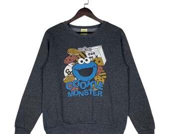 Bluza vintage z motywem Ciasteczkowego Potwora z Ulicy Sezamkowej, szara, rozmiar M | Bluza w stylu retro z lat 90. z kreskówkową grafiką | Japoński import odzieży ulicznej Sesame Workshop