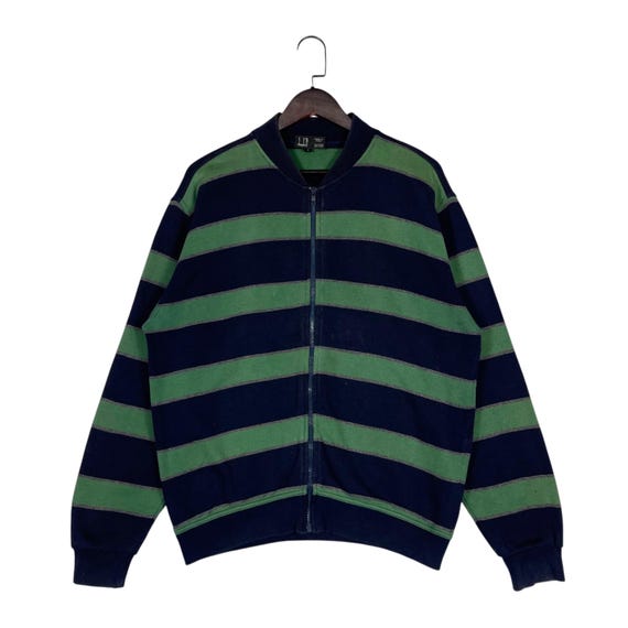 Dunhill, Vintage Dunhill Zip Up Sweatshirt Green Navy Striped Cotton Bomber Jacket Made In Italy, Luxury Designer Track Jacket Size Small Fits Large