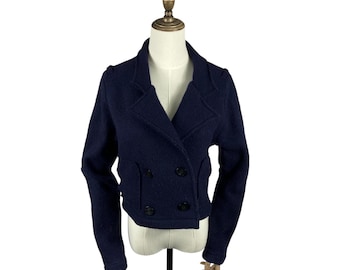 Diesel Cropped Wool Jacket Navy Blue Double Breasted Peacoat Style | Designer 100% Wool Blazer with Nautical Anchor Buttons | Women’s