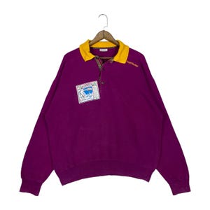 Vintage Sergio Tacchini Sweatshirt 90s Made In Italy Pullover Purple Yellow Collar Long Sleeve Polo Quarter Button Graphic Patch Size Large
