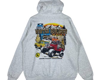 Sudadera con capucha vintage 2001 Winter Fun Fest Talla L Grass Valley California 4WD Off Road Jeep Graphic Gris Ceniza Hanes ComfortBlend Años 2000 Y2K