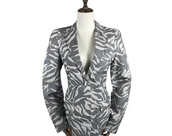 Vintage KRIZIA POI Zebra Print Blazer | Made in Italy Grau-Weiße Animal Print Jacke | Baumwolle Leinen Sommer Anzug Mantel | Größe 40