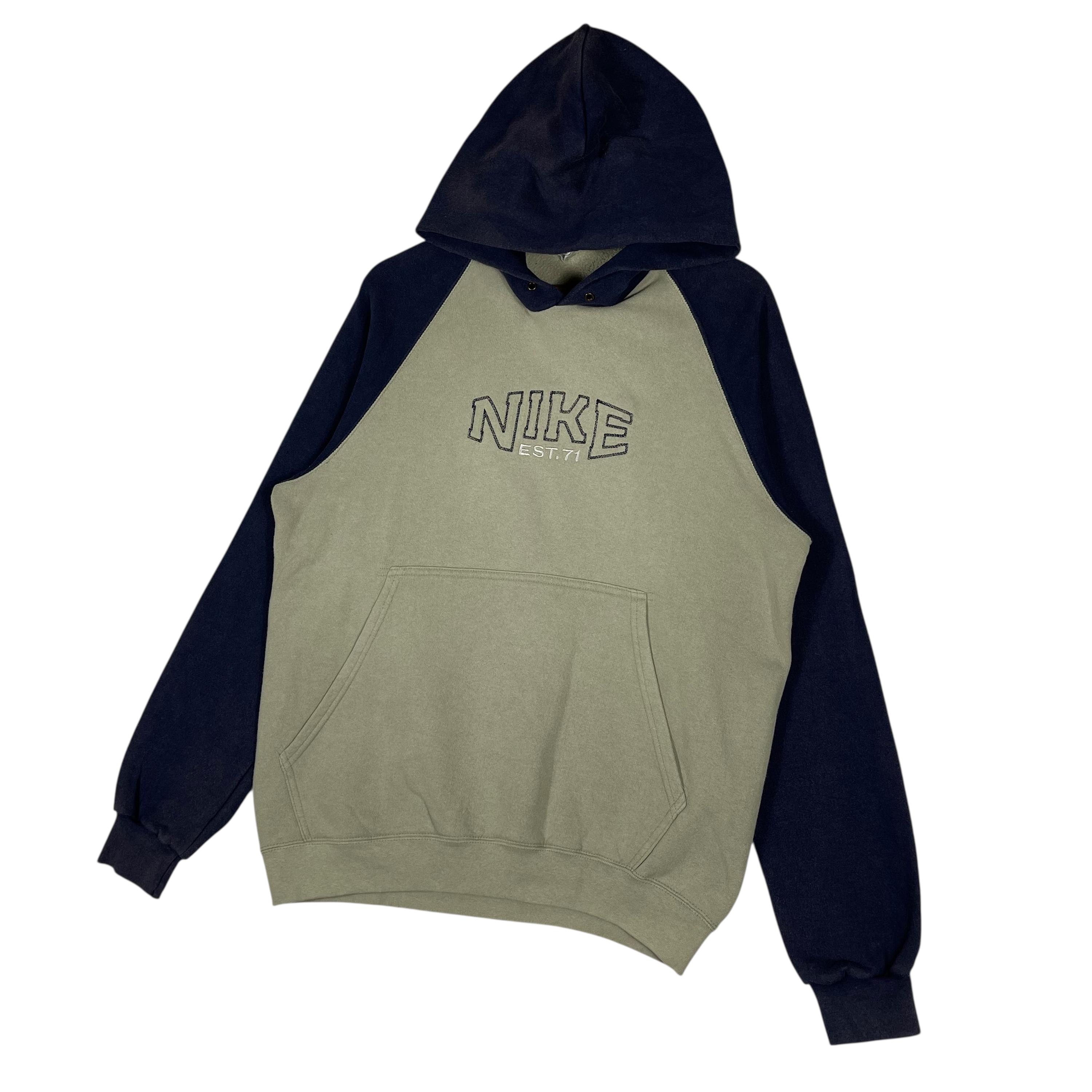 トップス TakayaHioki NIKE 90s SWEAT REMAKE HOODIE Vintage 90s Nike Embroidered Hoodie – Olive Navy Raglan Sweatshirt