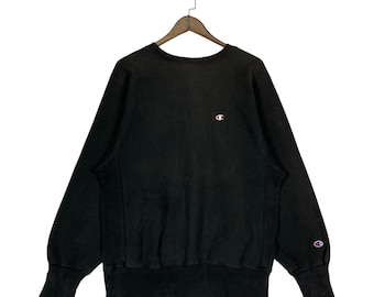 Sudadera vintage Champion Reverse Weave negra talla M / Estilo streetwear de los 90, cuello redondo, hecha en México / Sudadera negra desgastada