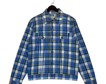 Vintage Levi's Karierte Trucker-Jacke Blau & Gelb Kariert Baumwoll-Denim-Stil | Größe Large | Seltene Levi Strauss Leichte Sommerjacke