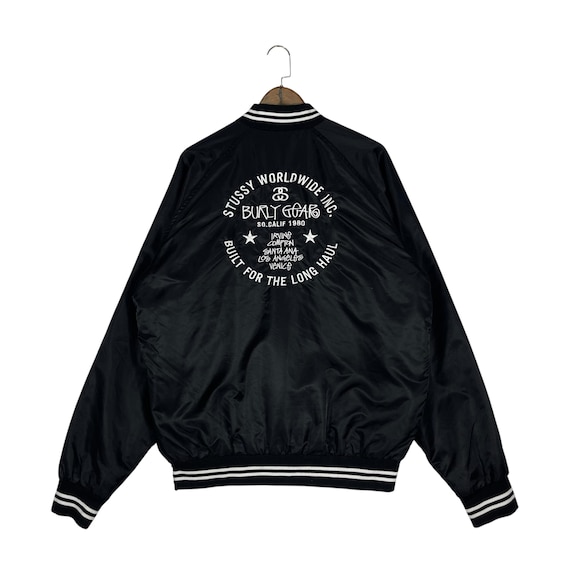 激レア！1980’s OLD STUSSY “BURLY GEAR”JACKET Vintage Stüssy Burly Gear Varsity Jacket Black Satin Bomber Star