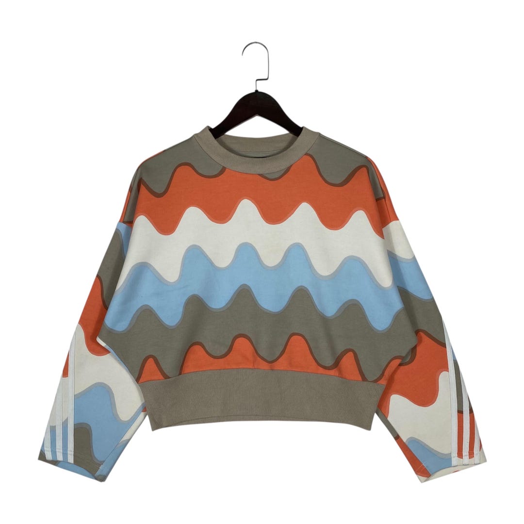 Adidas X Marimekko Laine Wave Print Cropped Sweatshirt Orange Blue