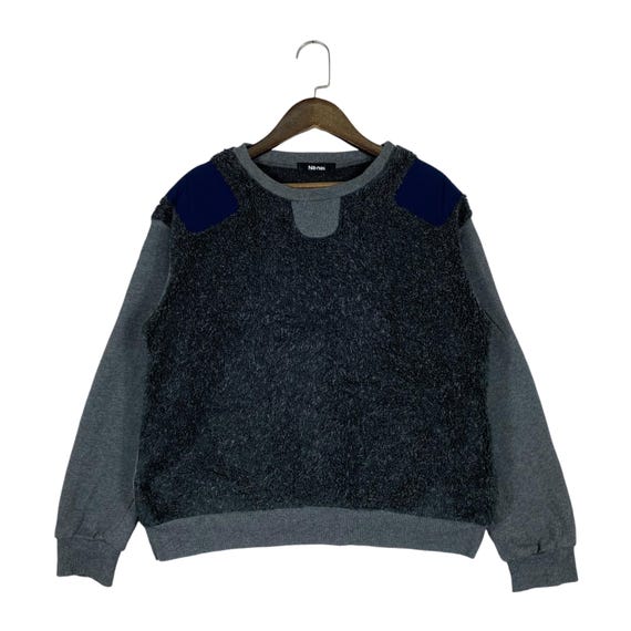 Issey Miyake, Vintage Né-Net Issey Miyake Fleece Sweatshirt Size 2 Grey Crewneck Japanese Brand Pullover With Blue Elbow Patches
