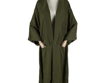 LIMI FEU Yohji Yamamoto Olive Green Kimono Coat Long Robe Jacket, 100% Tencel Draped Open Front Trench Duster, Made in Japan, Size S