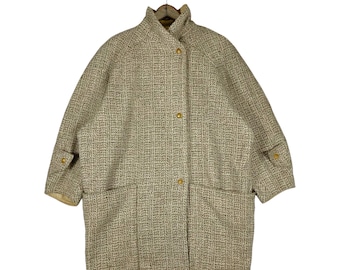 Abrigo de lana de tweed de Anne Marie Beretta Paris, estilo gabardina de pasarela, color beige, talla 36, vintage, raro, de los años 80 • Lujo de diseñador francés