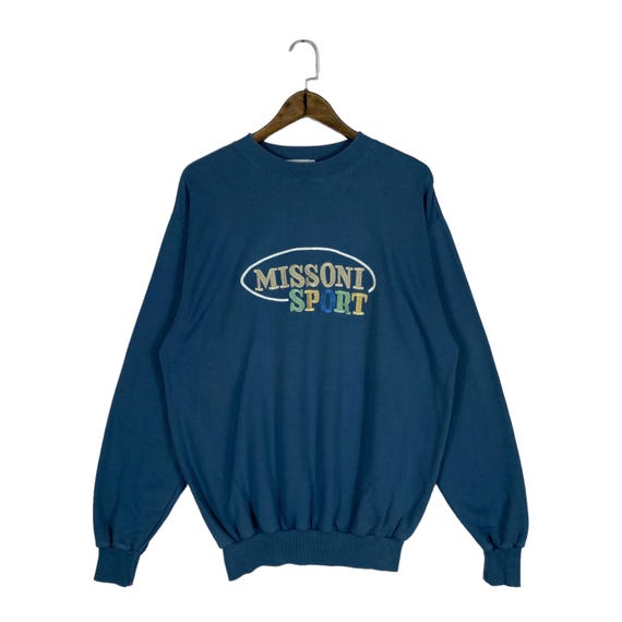 Missoni Sport, Vintage 90s Missoni Sport Sweatshirt Embroidery Big Logo Spellout Blue Pullover Crewneck Size Large
