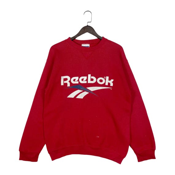 Reebok, Vintage 90s Reebok Crewneck Sweatshirt Red Reebok Vector Spell Out Pullover Oversized 1990s Sportswear Streetwear Size Medium