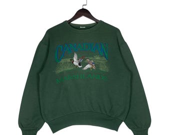 Vintage 90s Canadian Marshlands Embroidered Mallard Duck Sweatshirt Green Crewneck Size M
