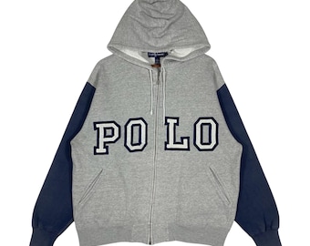 Sudadera con capucha y cremallera Polo Ralph Lauren estilo vintage de los 90 / Bicolor gris y azul marino / Letras de chenilla estampadas / Hecha en Hong Kong / Talla grande