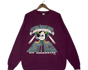 Vintage 90s Mighty Ducks of Anaheim Sweatshirt L | NHL National Hockey League Crewneck | Eggplant Purple Hockey Sweater | Made in USA