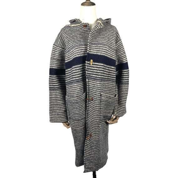 Vintage 45R 45rpm Japan Striped Wool Hooded Coat Jacket R by 45rpm Indigo Blue Stripe Long Cardigan Size 2 fits M/L