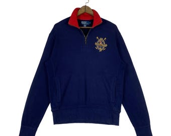 Vintage Polo Ralph Lauren sweater met 1/4 rits kleine marineblauwe trui geborduurd embleem met opstaande kraag rode kraag Retro streetwear
