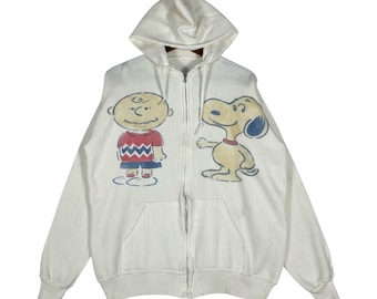 Vintage 60s 70s Peanuts Charlie Brown & Snoopy Hoodie Zip Up XL F.L. Robinson Made in USA White Raglan Sweatshirt Rare Retro Cartoon